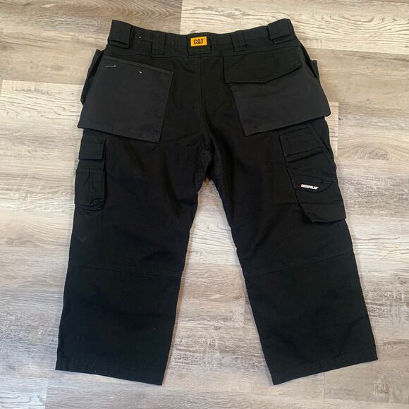 Caterpillar Work Pants Black Utility Cargo Cotton 40x32 Cropped Carpentercore - Picture 2 of 10